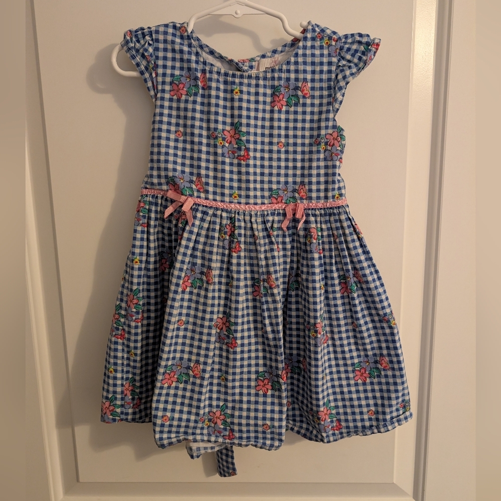 $‎ Max Girls Blue Gingham Kids Dress with Floral Accents